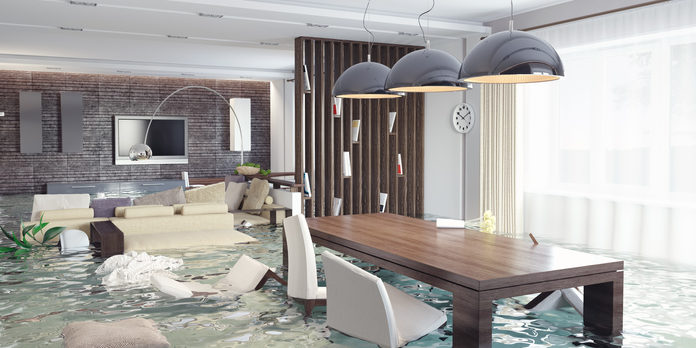 3D concept of contemporary interior flooding Don't let April showers flood your home