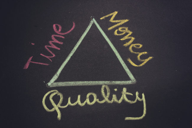 handwriting with colorful chalk,balance between time, quality and money in a project development on blackboard Project Management Pyramid